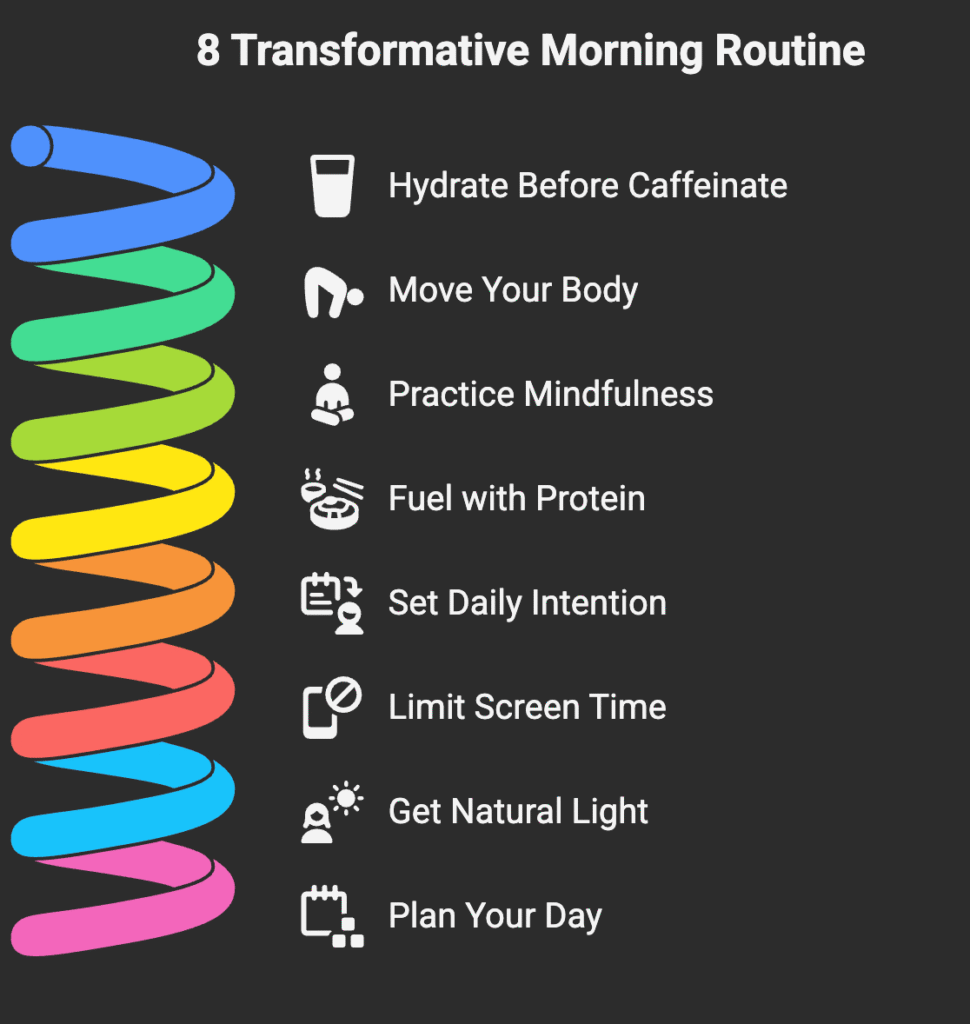 Infographic titled "8 Transformative Morning Routine" displaying a colorful spiral and icons with eight morning habits: hydrate before caffeine, move your body, practice mindfulness, fuel with protein, set daily intention, limit screen time, get natural light, and plan your day.